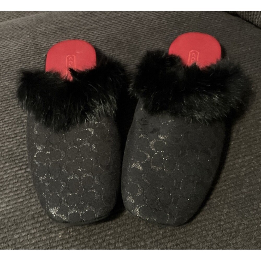 Coach Melody Black Fur Trim Red Interior C Logo Slippers Slip On Women’s Size 6